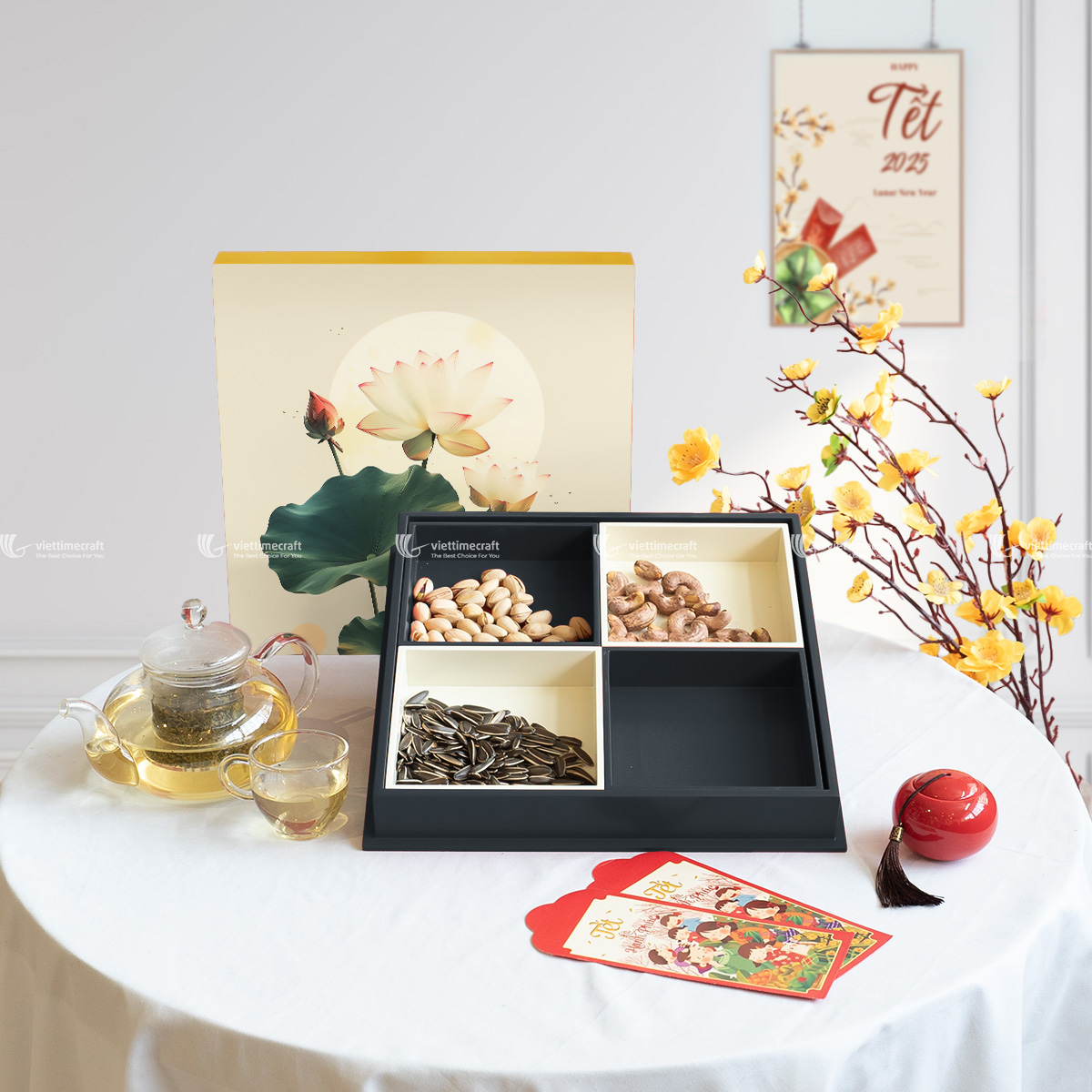 hộp quà tết, hộp mứt tết sơn mài hoa sen
